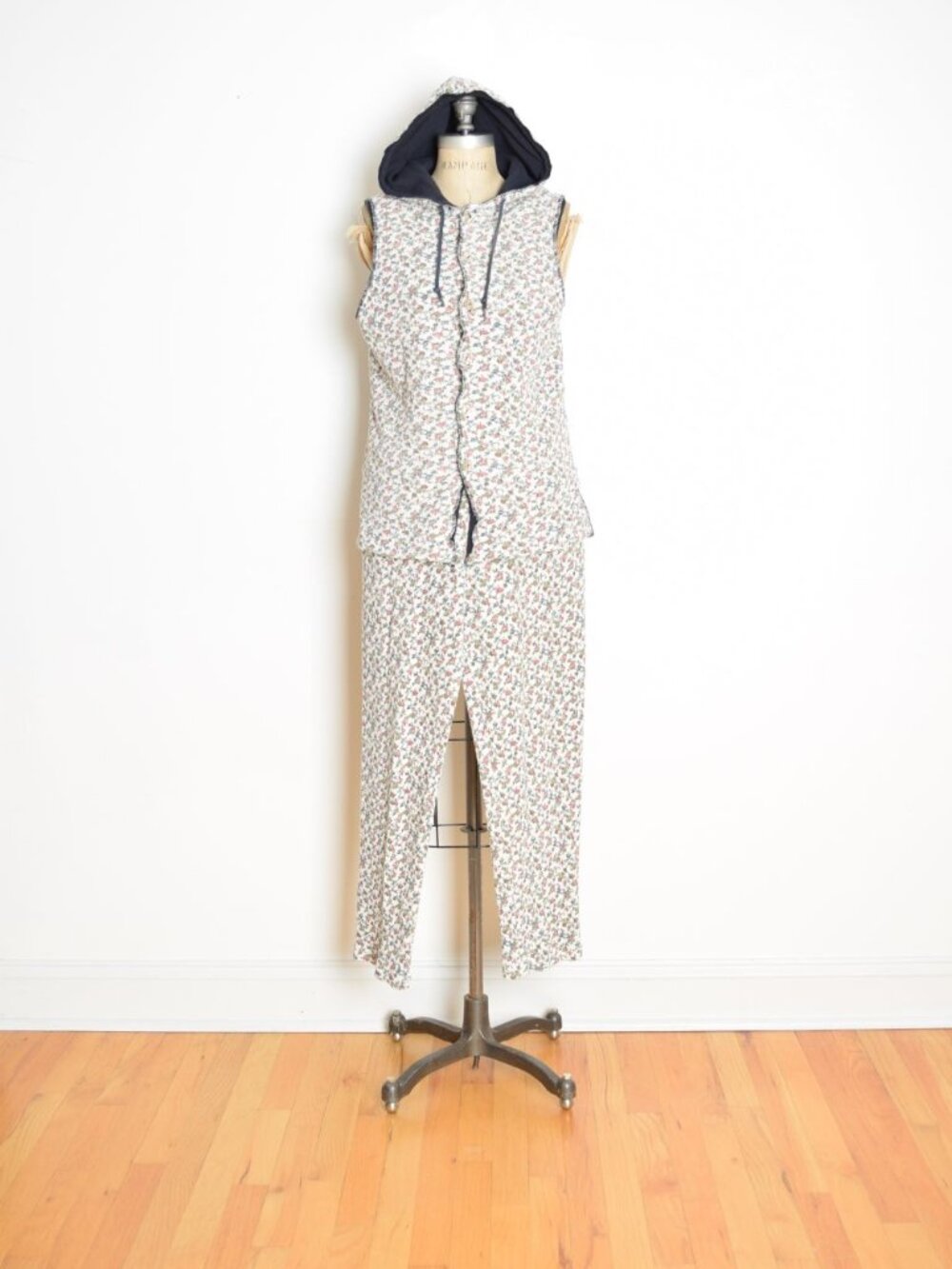 vintage 90s top pants set floral print waffle knit hoodie shirt outfit grunge M